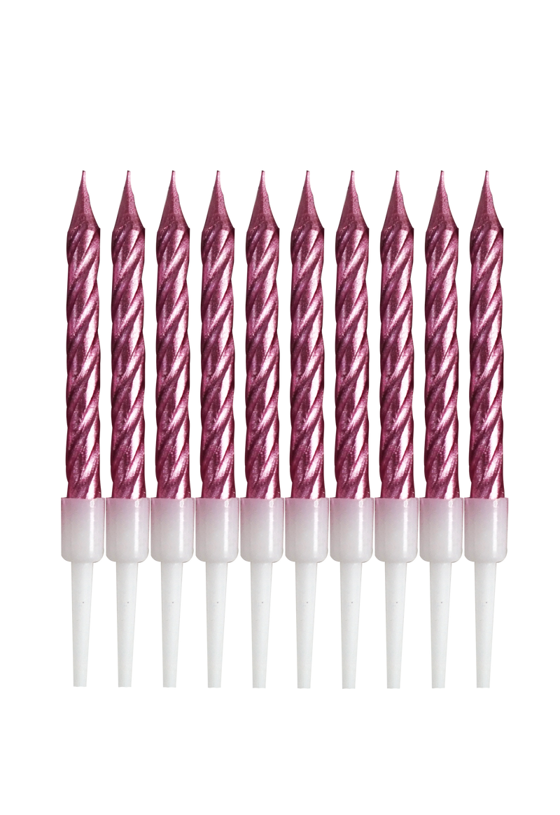 Velas de cumpleaños en espiral rosa metálico con base 10 pz
